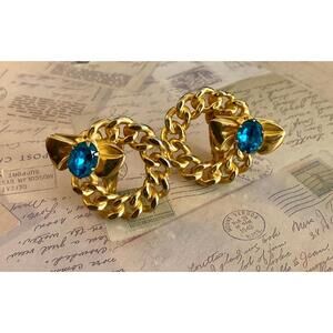 Vintage 80s Chunky Gold Chain Wreath Clip On Earrings |Blue Rhinestone Jewelry